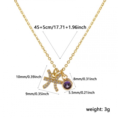 Picture of 18K Real Gold Plated Link Cable Chain Pisces Sign Of Zodiac Constellations Pendant Charm Necklace, Brass 45cm(17.7") + 5cm(2"), For Women, Purple Cubic Zirconia February Micro Pave, Birthstone Exquisite Gift, Eco-friendly, 1 Piece