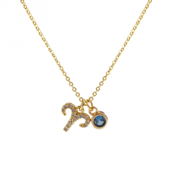 Bild von 18K Echtgold plattiert Kreuz Gliederketten Sternbild Widder Anhänger Halskette, Messing 45cm + 5cm, Für Frauen, Blau Zirkonia März Micro Pave, Monatsstein Exquisit Geschenk, Umweltfreundlich, 1 Strang
