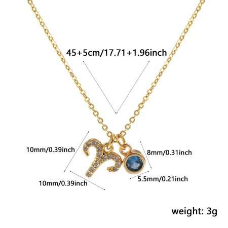 Picture of 18K Real Gold Plated Link Cable Chain Aries Sign Of Zodiac Constellations Pendant Charm Necklace, Brass 45cm(17.7") + 5cm(2"), For Women, Blue Cubic Zirconia March Micro Pave, Birthstone Exquisite Gift, Eco-friendly, 1 Piece
