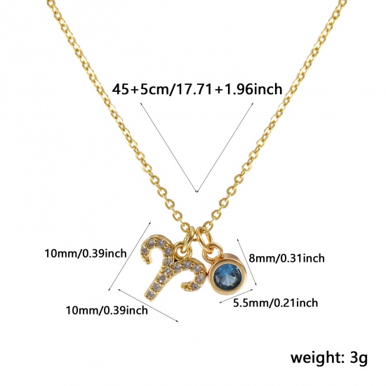 Bild von 18K Echtgold plattiert Kreuz Gliederketten Sternbild Widder Anhänger Halskette, Messing 45cm + 5cm, Für Frauen, Blau Zirkonia März Micro Pave, Monatsstein Exquisit Geschenk, Umweltfreundlich, 1 Strang