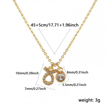 Picture of 18K Real Gold Plated Link Cable Chain Taurus Sign Of Zodiac Constellations Pendant Charm Necklace, Brass 45cm(17.7") + 5cm(2"), For Women, Clear Cubic Zirconia April Micro Pave, Birthstone Exquisite Gift, Eco-friendly, 1 Piece