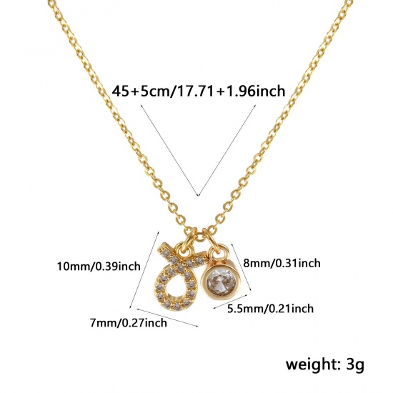 Bild von 18K Echtgold plattiert Kreuz Gliederketten Sternbild Stier Anhänger Halskette, Messing 45cm + 5cm, Für Frauen, Klar Zirkonia April Micro Pave, Monatsstein Exquisit Geschenk, Umweltfreundlich, 1 Strang