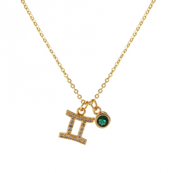 Bild von 18K Echtgold plattiert Kreuz Gliederketten Sternbild Zwillinge Anhänger Halskette, Messing 45cm + 5cm, Für Frauen, Dunkelgrün Zirkonia Mai Micro Pave, Monatsstein Exquisit Geschenk, Umweltfreundlich, 1 Strang