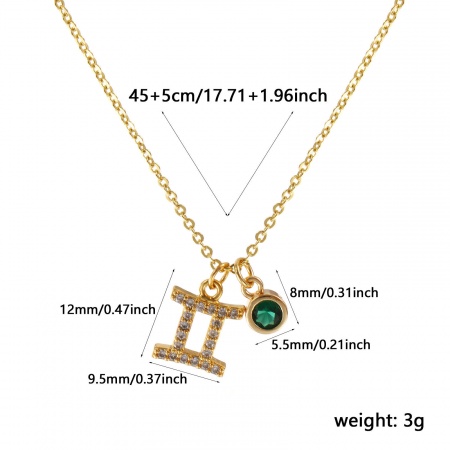 Picture of 18K Real Gold Plated Link Cable Chain Gemini Sign Of Zodiac Constellations Pendant Charm Necklace, Brass 45cm(17.7") + 5cm(2"), For Women, Emerald Cubic Zirconia May Micro Pave, Birthstone Exquisite Gift, Eco-friendly, 1 Piece