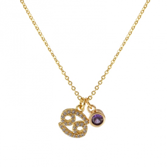 Bild von 18K Echtgold plattiert Kreuz Gliederketten Sternbild Krebs Anhänger Halskette, Messing 45cm + 5cm, Für Frauen, Helllila Zirkonia Juni Micro Pave, Monatsstein Exquisit Geschenk, Umweltfreundlich, 1 Strang