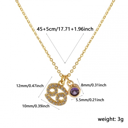 Picture of 18K Real Gold Plated Link Cable Chain Cancer Sign Of Zodiac Constellations Pendant Charm Necklace, Brass 45cm(17.7") + 5cm(2"), For Women, Mauve Cubic Zirconia June Micro Pave, Birthstone Exquisite Gift, Eco-friendly, 1 Piece