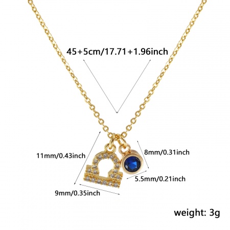 Picture of 18K Real Gold Plated Link Cable Chain Libra Sign Of Zodiac Constellations Pendant Charm Necklace, Brass 45cm(17.7") + 5cm(2"), For Women, Royal Blue Cubic Zirconia September Micro Pave, Birthstone Exquisite Gift, Eco-friendly, 1 Piece