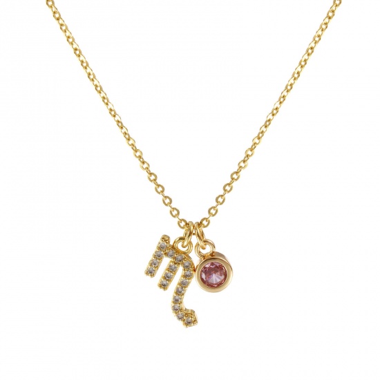 Bild von 18K Echtgold plattiert Kreuz Gliederketten Sternbild Skorpion Anhänger Halskette, Messing 45cm + 5cm, Für Frauen, Rosa Zirkonia Oktober Micro Pave, Monatsstein Exquisit Geschenk, Umweltfreundlich, 1 Strang