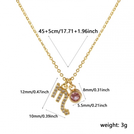 Picture of 18K Real Gold Plated Link Cable Chain Scorpio Sign Of Zodiac Constellations Pendant Charm Necklace, Brass 45cm(17.7") + 5cm(2"), For Women, Pink Cubic Zirconia October Micro Pave, Birthstone Exquisite Gift, Eco-friendly, 1 Piece