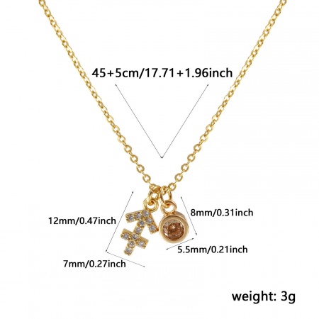 Picture of 18K Real Gold Plated Link Cable Chain Sagittarius Sign Of Zodiac Constellations Pendant Charm Necklace, Brass 45cm(17.7") + 5cm(2"), For Women, Champagne Cubic Zirconia November Micro Pave, Birthstone Exquisite Gift, Eco-friendly, 1 Piece