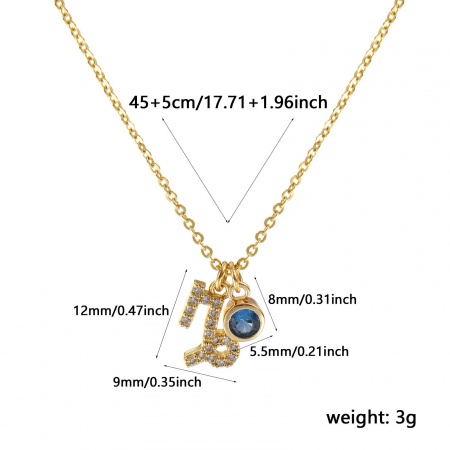 Picture of 18K Real Gold Plated Link Cable Chain Capricornus Sign Of Zodiac Constellations Pendant Charm Necklace, Brass 45cm(17.7") + 5cm(2"), For Women, Aqua Blue Cubic Zirconia December Micro Pave, Birthstone Exquisite Gift, Eco-friendly, 1 Piece