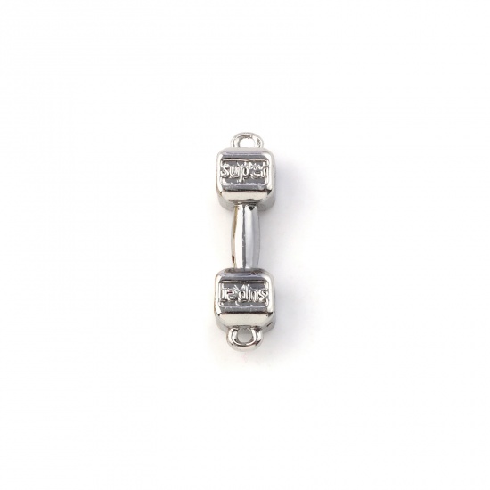 Immagine di 2 Pz Ecologico Ottone Sport Pendenti Charms Connettori Vero Platino Placcato Dumbbell Lettere " Super " 3D 19.5mm x 5mm