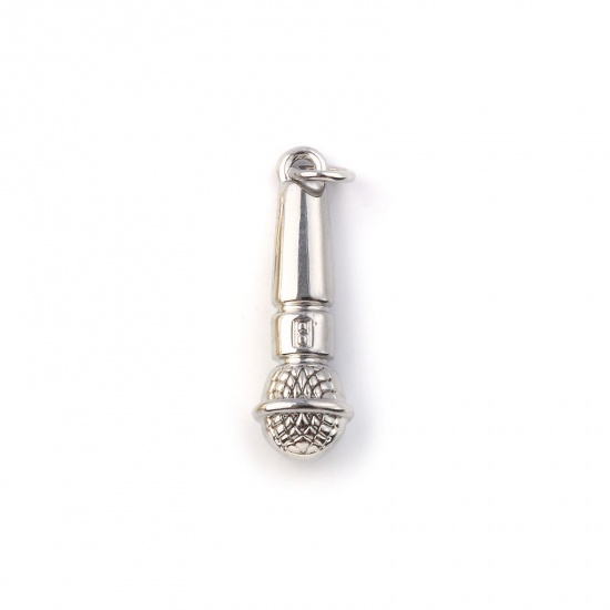 Picture of 2 PCs Eco-friendly Brass Music Charms Real Platinum Plated Microphone 3D 27mm x 8mm