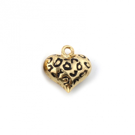 Picture of 1 Piece Eco-friendly Brass Valentine's Day Charms 18K Real Gold Plated Black Enamel Heart Leopard Print 3D 16mm x 15mm