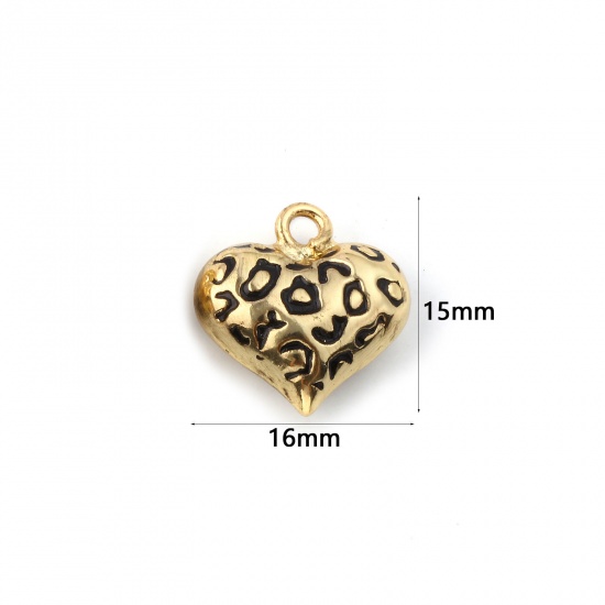 Picture of 1 Piece Eco-friendly Brass Valentine's Day Charms 18K Real Gold Plated Black Enamel Heart Leopard Print 3D 16mm x 15mm
