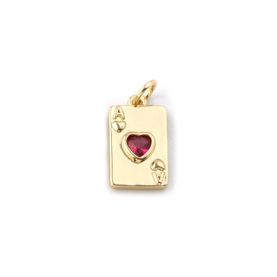 Immagine di 2 Pz Ecologico Ottone Poker / Carta / Carta da Gioco Ciondoli 18K Vero Oro Placcato Poker Cuore Rosso Cubic Zirconiae 19mm x 9mm