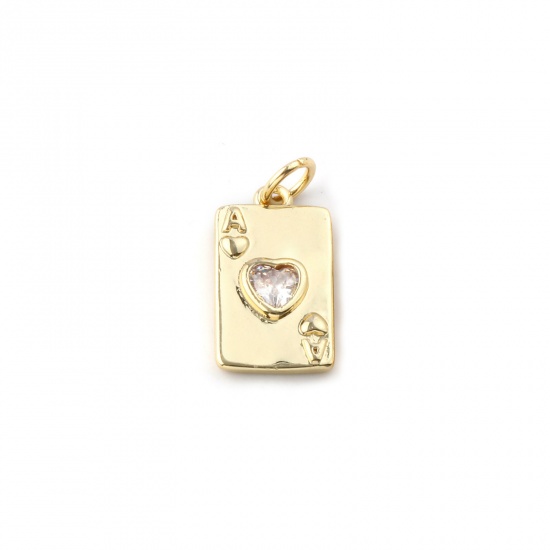 Immagine di 2 Pz Ecologico Ottone Poker / Carta / Carta da Gioco Ciondoli 18K Vero Oro Placcato Poker Cuore Trasparente Cubic Zirconiae 19mm x 9mm