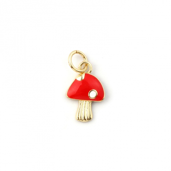 Immagine di 2 Pz Ecologico Ottone Collezione Flora Ciondoli 18K Vero Oro Placcato Rosso Smalto Fungo 17mm x 8.5mm