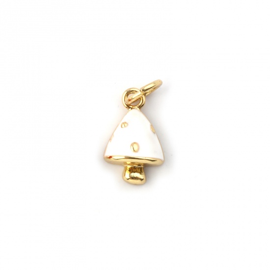 Immagine di 2 Pz Ecologico Ottone Collezione Flora Ciondoli 18K Vero Oro Placcato Bianco Smalto Fungo 15mm x 7mm