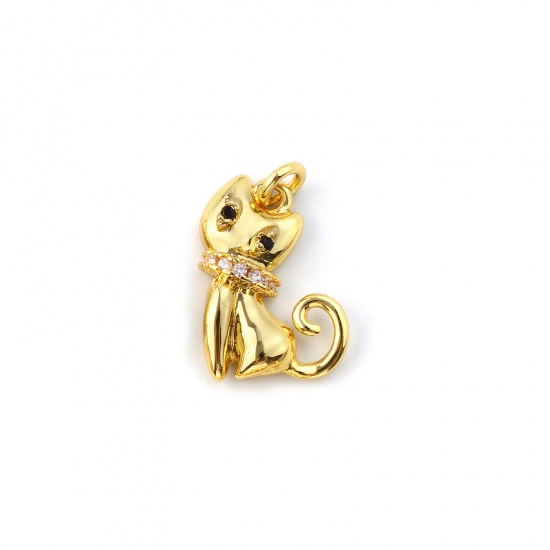 Immagine di 2 Pz Ecologico Ottone Ciondoli 18K Vero Oro Placcato Gatto Micro Spianare Trasparente Cubic Zirconiae 17mm x 10mm