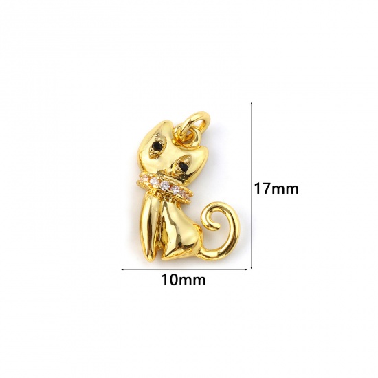 Immagine di 2 Pz Ecologico Ottone Ciondoli 18K Vero Oro Placcato Gatto Micro Spianare Trasparente Cubic Zirconiae 17mm x 10mm