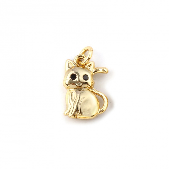 Immagine di 2 Pz Ecologico Ottone Ciondoli 18K Vero Oro Placcato Gatto Micro Spianare Nero Cubic Zirconiae 15mm x 9mm