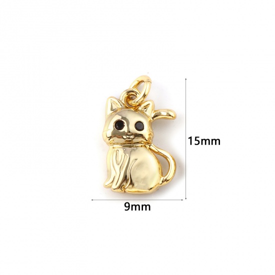 Immagine di 2 Pz Ecologico Ottone Ciondoli 18K Vero Oro Placcato Gatto Micro Spianare Nero Cubic Zirconiae 15mm x 9mm