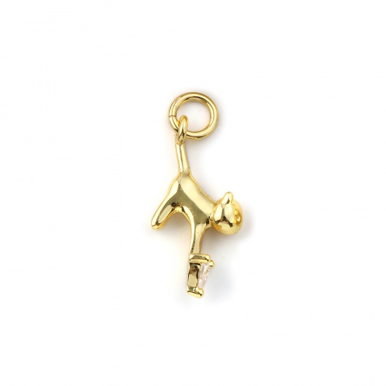 Immagine di 2 Pz Ecologico Ottone Ciondoli 18K Vero Oro Placcato Gatto 3D Trasparente Cubic Zirconiae 22mm x 9mm