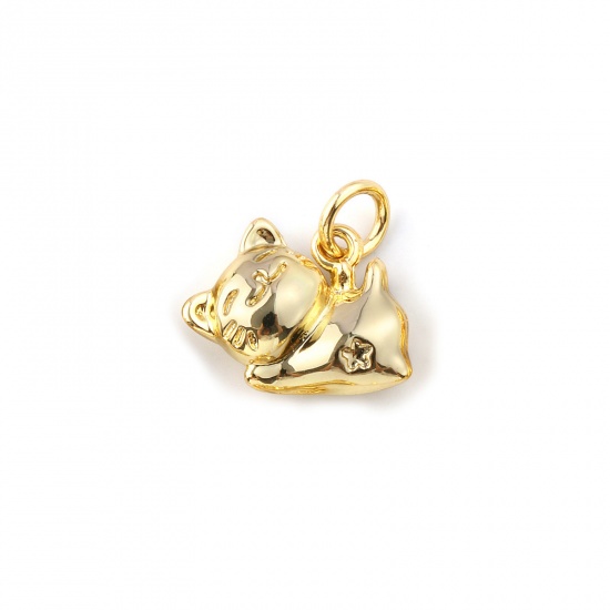 Immagine di 2 Pz Ecologico Ottone Ciondoli 18K Vero Oro Placcato Gatto 13mm x 13mm