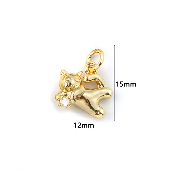Immagine di 2 Pz Ecologico Ottone Ciondoli 18K Vero Oro Placcato Gatto Trasparente Cubic Zirconiae 15mm x 12mm