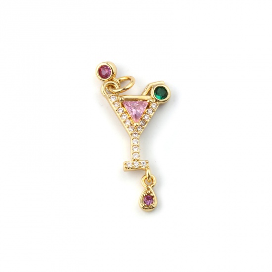 Picture of 1 Piece Eco-friendly Brass Charms 18K Real Gold Plated Wine Glass Micro Pave Multicolour Cubic Zirconia 26mm x 12mm