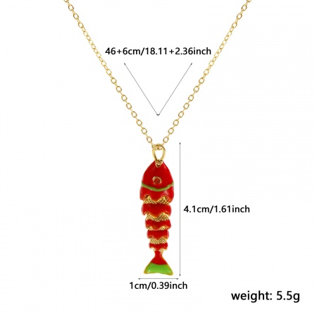 Picture of 18K Real Gold Plated Link Cable Chain Fish Animal Pendant Charm Necklace, Brass 46cm(18.1") + 6cm(2.4"), For Women, Orange Cubic Zirconia Red Enamel 3D Movable, Stylish Ocean Jewelry Gift, Eco-friendly, 1 Piece
