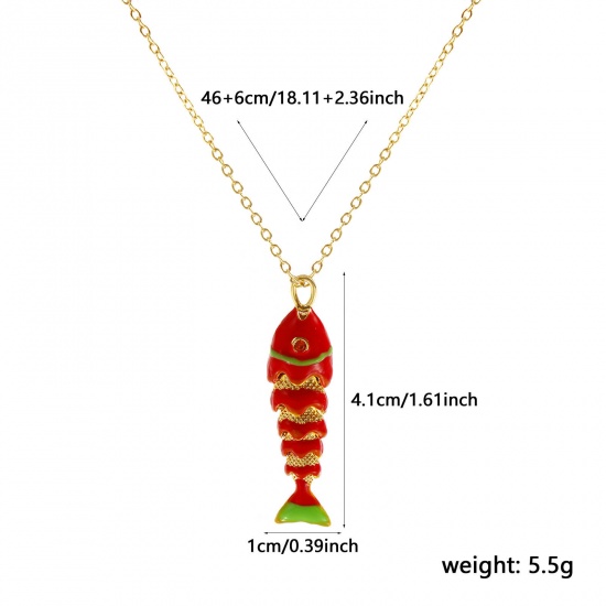 Imagen de 18K Oro Real Chapado Cadena de Cable Cruz Pez Collar con Colgante, Latón 46cm + 6cm, Para Mujeres, Naranja Circón Artificial Rojo Esmalte 3D Movible, Elegante Joyería del océano Regalo, Respetuoso del Medio Ambiente, 1 Unidad