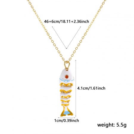 Picture of 18K Real Gold Plated Link Cable Chain Fish Animal Pendant Charm Necklace, Brass 46cm(18.1") + 6cm(2.4"), For Women, Orange Cubic Zirconia White Enamel 3D Movable, Stylish Ocean Jewelry Gift, Eco-friendly, 1 Piece