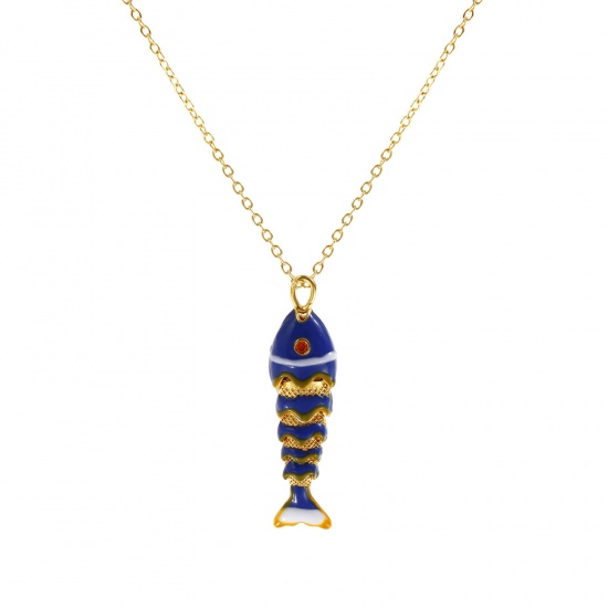 Imagen de 18K Oro Real Chapado Cadena de Cable Cruz Pez Collar con Colgante, Latón 46cm + 6cm, Para Mujeres, Naranja Circón Artificial Azul Esmalte 3D Movible, Elegante Joyería del océano Regalo, Respetuoso del Medio Ambiente, 1 Unidad