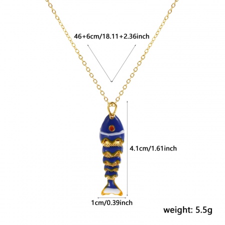 Picture of 18K Real Gold Plated Link Cable Chain Fish Animal Pendant Charm Necklace, Brass 46cm(18.1") + 6cm(2.4"), For Women, Orange Cubic Zirconia Blue Enamel 3D Movable, Stylish Ocean Jewelry Gift, Eco-friendly, 1 Piece