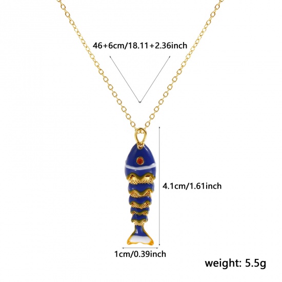 Imagen de 18K Oro Real Chapado Cadena de Cable Cruz Pez Collar con Colgante, Latón 46cm + 6cm, Para Mujeres, Naranja Circón Artificial Azul Esmalte 3D Movible, Elegante Joyería del océano Regalo, Respetuoso del Medio Ambiente, 1 Unidad