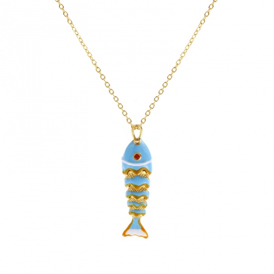 Imagen de 18K Oro Real Chapado Cadena de Cable Cruz Pez Collar con Colgante, Latón 46cm + 6cm, Para Mujeres, Naranja Circón Artificial Azul Claro Esmalte 3D Movible, Elegante Joyería del océano Regalo, Respetuoso del Medio Ambiente, 1 Unidad