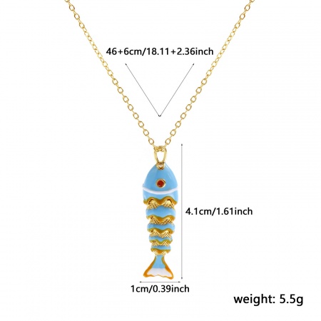 Picture of 18K Real Gold Plated Link Cable Chain Fish Animal Pendant Charm Necklace, Brass 46cm(18.1") + 6cm(2.4"), For Women, Orange Cubic Zirconia Light Blue Enamel 3D Movable, Stylish Ocean Jewelry Gift, Eco-friendly, 1 Piece