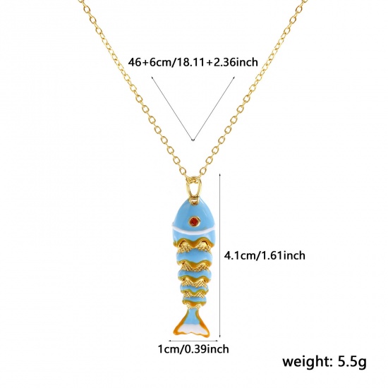 Imagen de 18K Oro Real Chapado Cadena de Cable Cruz Pez Collar con Colgante, Latón 46cm + 6cm, Para Mujeres, Naranja Circón Artificial Azul Claro Esmalte 3D Movible, Elegante Joyería del océano Regalo, Respetuoso del Medio Ambiente, 1 Unidad