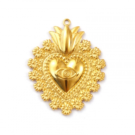 Picture of 1 Piece Eco-friendly PVD Vacuum Plating Waterproof Anti-Tarnish Hypoallergenic 304 Stainless Steel Religious Pendants 18K Real Gold Plated Ex Voto Heart Eye 5.3cm x 4.2cm