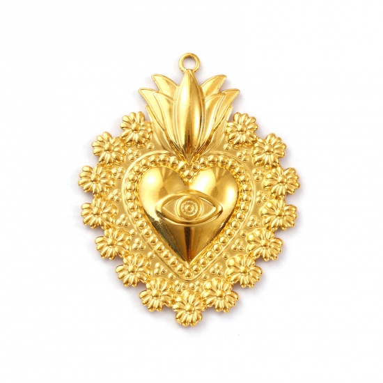 Immagine di 1 Pz Placcatura Sottovuoto PVD Ecologica 304 Acciaio Inossidabile Religione Ciondoli Pendenti 18K Vero Oro Placcato Ex Voto Cuore Occhi 5.3cm x 4.2cm