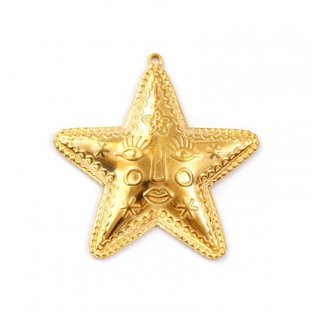 Picture of 1 Piece Eco-friendly PVD Vacuum Plating Waterproof Anti-Tarnish Hypoallergenic 304 Stainless Steel Galaxy Pendants 18K Real Gold Plated Pentagram Star Smile 4.5cm x 4.4cm