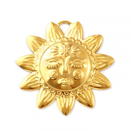 Picture of 1 Piece Eco-friendly PVD Vacuum Plating Waterproof Anti-Tarnish Hypoallergenic 304 Stainless Steel Pendants 18K Real Gold Plated Sunflower Smile 5cm x 4.9cm