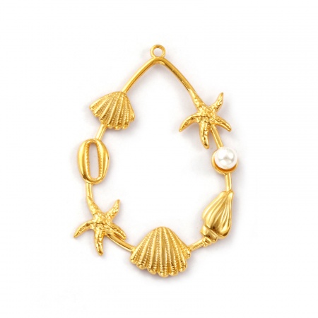 Picture of 1 Piece Eco-friendly PVD Vacuum Plating Waterproof Anti-Tarnish Hypoallergenic 304 Stainless Steel Ocean Jewelry Pendants 18K Real Gold Plated White Starfish Shell Acrylic Imitation Pearl 5.2cm x 3.5cm