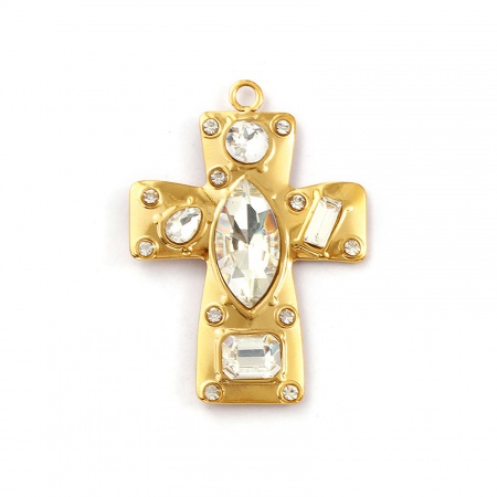Picture of 1 Piece Eco-friendly PVD Vacuum Plating Waterproof Anti-Tarnish Hypoallergenic 304 Stainless Steel Religious Pendants 18K Real Gold Plated Cross Clear Rhinestone 4.6cm x 3.3cm