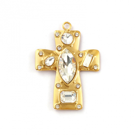 Image de 1 Pièce Pendentifs en 304 Acier Inoxydable Revêtement sous Vide PVD Respectueux de l'Environnement Religieux Plaqué Or Véritable 18K Croix à Strass Transparent 4.6cm x 3.3cm