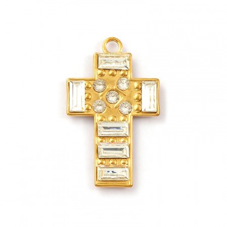 Picture of 1 Piece Eco-friendly PVD Vacuum Plating Waterproof Anti-Tarnish Hypoallergenic 304 Stainless Steel Religious Pendants 18K Real Gold Plated Cross Clear Rhinestone 4.9cm x 3cm