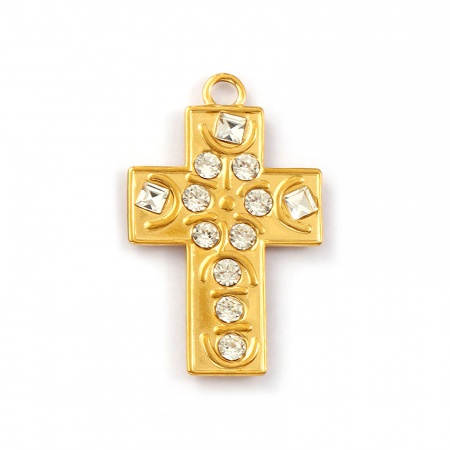 Picture of 1 Piece Eco-friendly PVD Vacuum Plating Waterproof Anti-Tarnish Hypoallergenic 304 Stainless Steel Religious Pendants 18K Real Gold Plated Cross Clear Rhinestone 4.7cm x 3cm