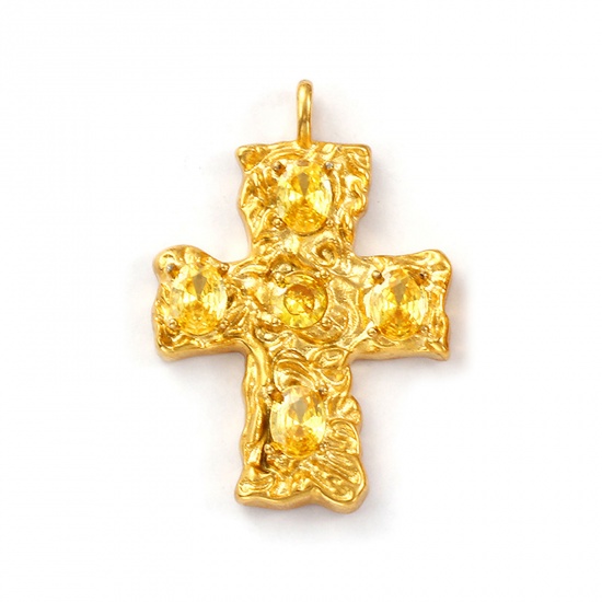 Image de 1 Pièce Pendentifs en 304 Acier Inoxydable Revêtement sous Vide PVD Respectueux de l'Environnement Religieux Plaqué Or Véritable 18K Croix à Zircone Cubique Jaune 4.8cm x 3.3cm